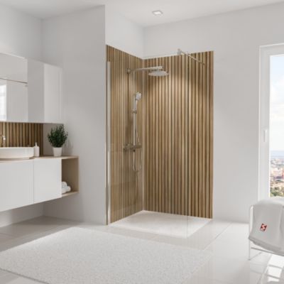 2 Panneaux muraux de salle de bains effet chêne tasseaux verticaux, l.100 x H.210 cm, Schulte Décodesign Japandi