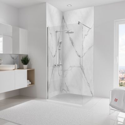2 Panneaux muraux de salle de bains effet marbre de carrare blanc brillant, l.100 x H.255 cm, Schulte Décodesign Brio