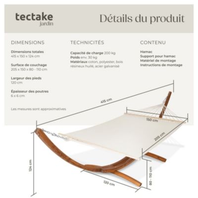 2 places hamac sur pied, toile coton-poly, blanc 415x150x124cm