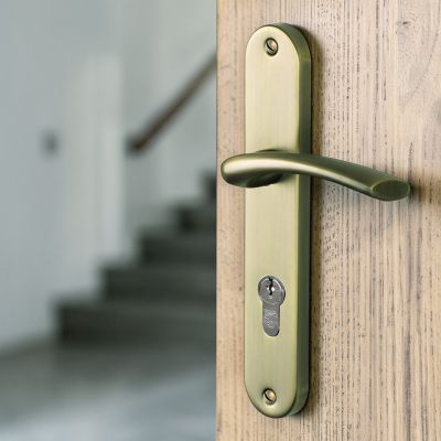 2 poignées de porte ALBERTVILLE trou de Cylindre, Métal aspect laiton brossé mat entraxe 195 mm, entrée bureau