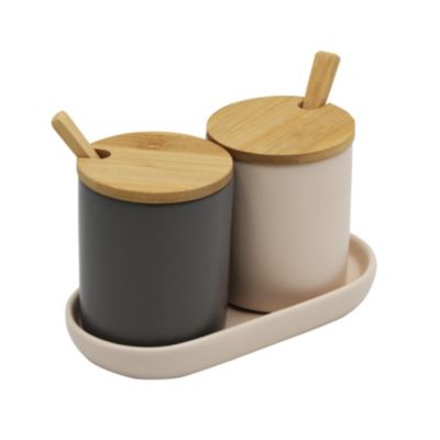 2 pots à épices en céramique avec couvercles et cuillères en bambou Box & Beyond