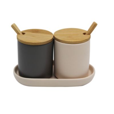 2 pots à épices en céramique avec couvercles et cuillères en bambou Box & Beyond