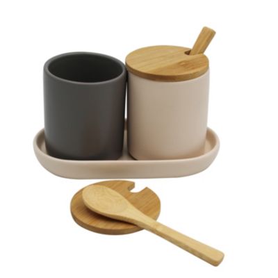 2 pots à épices en céramique avec couvercles et cuillères en bambou Box & Beyond