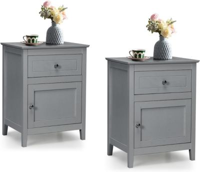 2 Tables d'Appoint à 2 Niveaux avec Plateau Spacieux,Armoire de Rangement avec Tiroir et Etagère Réglable,Gris