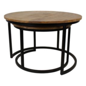 2 tables rondes rondes - GM - bois de manguier et fer - naturel et noir - 70 x 70 x 46 cm