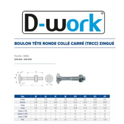 200 Boulons Tête Ronde Collet Carré TRCC 7 x 30 mm - DIN 603 - Zingué blanc - D-Work