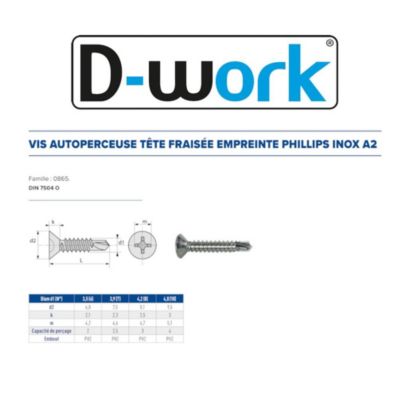 200 Vis Autoperceuses Tête Fraisée Phillips 4.2 x 15.9 mm - DIN 7504 O - Inox A2 - D-Work