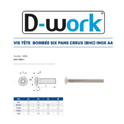 200 Vis Métaux Tête Bombée 6 Pans Creux BHC 5 x 20 mm - 7380-1 - Inox A4 - D-Work