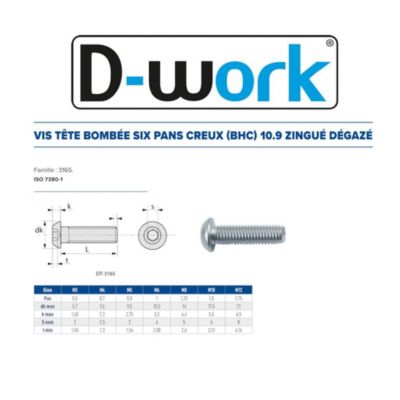 200 Vis Métaux Tête Bombée 6 Pans Creux F/Total BHC 3 x 16 mm - 7380-1 - 10.9 - Zingué blanc - D-Work