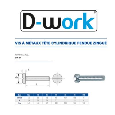 200 Vis Métaux Tête Cylindrique Fendue 8 x 50 mm - DIN 84 - Zingué blanc - D-Work