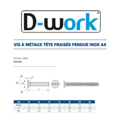 200 Vis Métaux Tête Fraisée Fendue 6 x 40 mm - DIN 963 - Inox A4 - D-Work