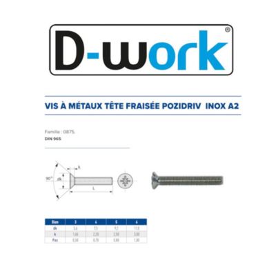 200 Vis Métaux Tête Fraisée Pozidriv 3 x 10 mm - DIN 965 - Inox A2 - D-Work