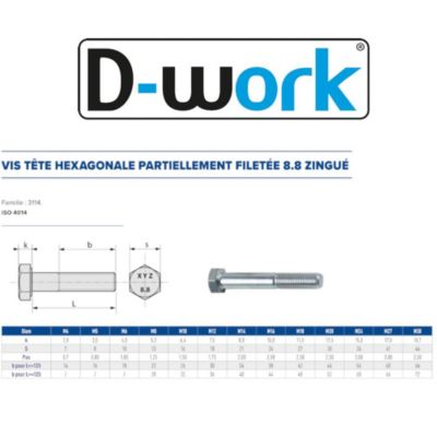 200 Vis Métaux Tête Hexagonale F/Partiel 6 x 70 mm - 4014 - 8.8 - Zingué blanc - D-Work