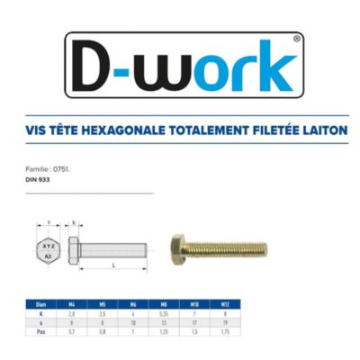 200 Vis Métaux Tête Hexagonale F/Total 4 x 12 mm - DIN 933 - Laiton - D-Work