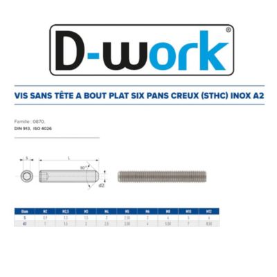 200 Vis Sans Tête 6 Pans Creux à Bout Plat STHC 3 x 12 mm - DIN 913 - Inox A2 - D-Work