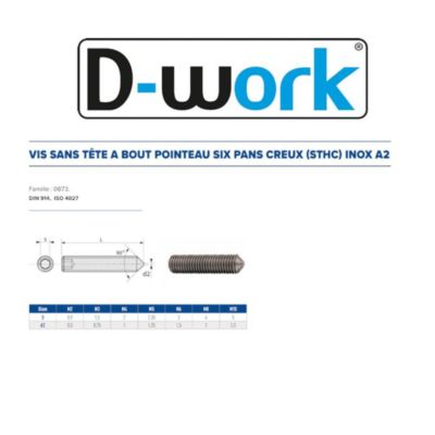 200 Vis Sans Tête 6 Pans Creux à Bout Pointeau STHC 4 x 10 mm - DIN 914 - Inox A2 - D-Work