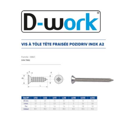 200 Vis à Tôle Tête Fraisée Pozidriv 4.8 x 80 mm - DIN 7982 - Inox A2 - D-Work