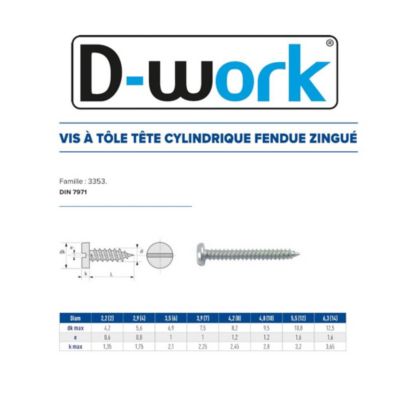 2000 Vis à Tôle Tête Cylindrique Fendue 2.9 x 19 mm - DIN 7971 - Zingué blanc - D-Work