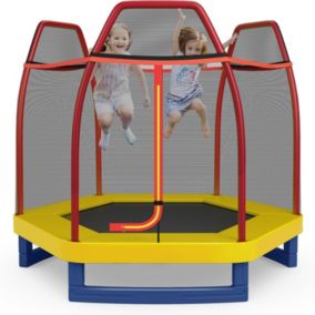 223cm Trampoline pour Enfant avec Filet de Sécurité Tapis de Saut Haute Élasticité et Fermeture Éclair en Forme L