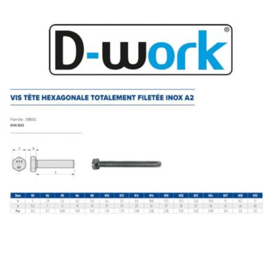 25 Vis Métaux Tête Hexagonale F/Total 12 x 110 mm - DIN 933 - Inox A2 - D-Work