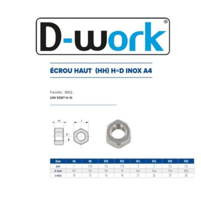 250 Ecrous Hexagonaux Haut H Egale D M12 mm - UNI 5587 - Inox A4 - D-Work