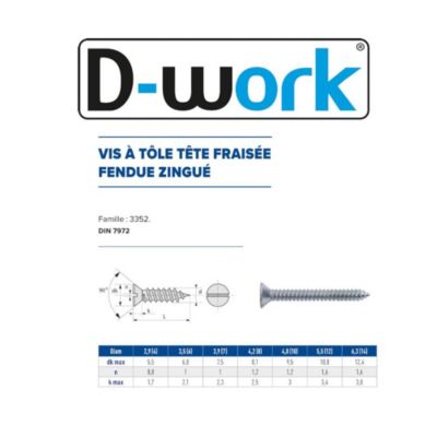 250 Vis à Tôle Tête Fraisée Fendue 4.8 x 50.8 mm - DIN 7972 - Zingué blanc - D-Work
