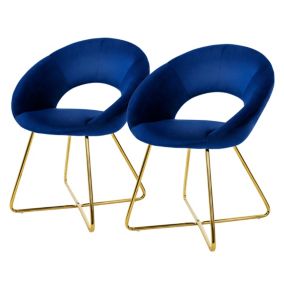 2x Chaise de salle à manger en velours avec dossier rond bleu pieds métal doré