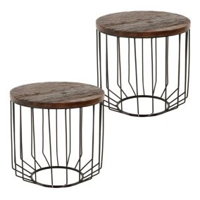 2x Table d'appoint bois massif ancien avec cadre métallique  50 cm WOMO-DESIGN