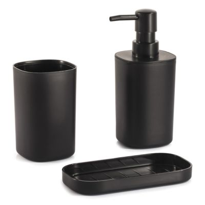 3 Accessoires salle de bains avec plateau + gobelet + distributeur de savon, noir, MSV Lona