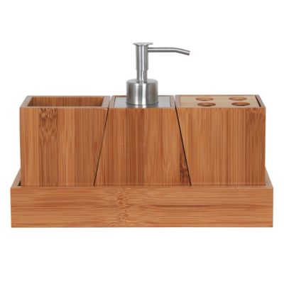 3 Accessoires salle de bains avec plateau + gobelet + distributeur de savon + porte brosse à dents en bambou MSV Lona
