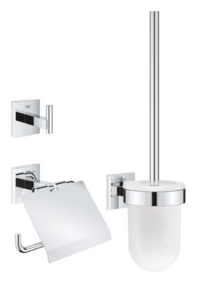 3 Accessoires WC muraux avec brosse et pot, dérouleur papier toilette et patère, acier chromé et verre dépoli, Grohe Quickfix