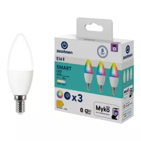 3 ampoules LED connectées Myko E14  flamme 470lm=40W variation de blancs et couleurs Jacobsen blanc