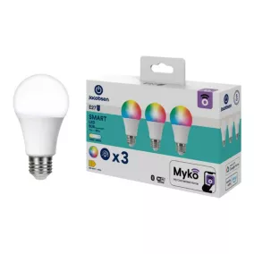 3 ampoules LED connectées Myko E27 A60 standard 806lm=60W variation de blancs et couleurs Jacobsen blanc