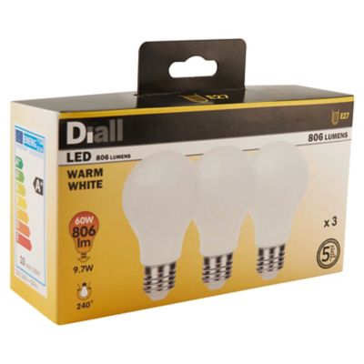 3 ampoules LED Diall GLS E27 9,7W=60W blanc chaud