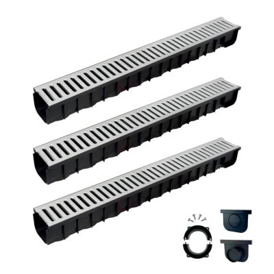 3 Caniveaux en lot PP noir avec grille en acier galvanisé 300 x 12 cm