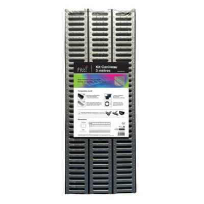 3 Caniveaux en lot PP noir avec grille en acier galvanisé 300 x 12 cm