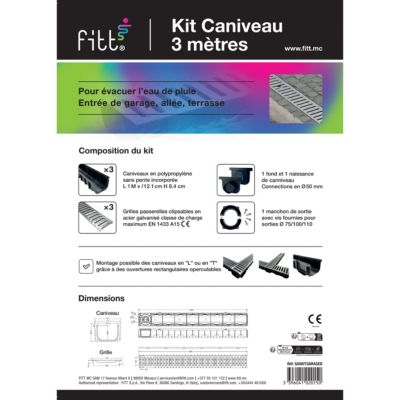 3 Caniveaux en lot PP noir avec grille en acier galvanisé 300 x 12 cm