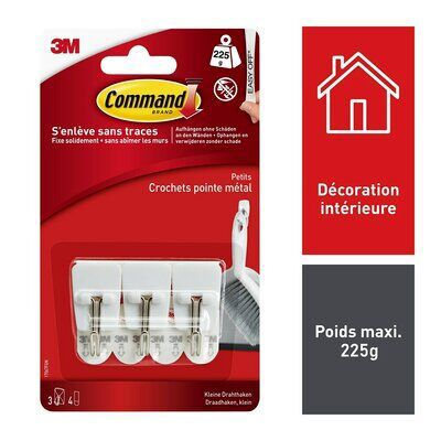 3 crochets adhésifs Command avec pointe en métal, jusque 225 g par crochet