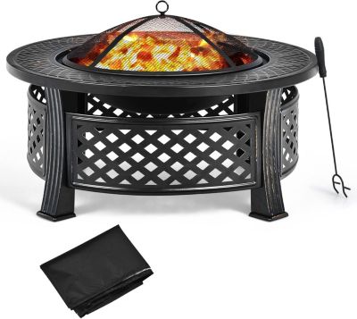 3-en-1 Braséro Extérieur Jardin Rond,avec Grille de Barbecue,Pare-étincelles,Grille à Bûches, Poker, Housse Anti-Pluie,81 x 50 cm