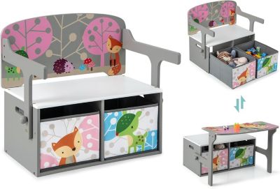 3-en-1 Ensemble Table et Chaise Enfant Convertible-Coffre de Rangement avec 2 Bacs en Tissu Amovibles Charge 60/10KG Gris