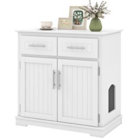 3 en 1 Meuble Litière pour Chat Maison de Toilette en Bois pour Chat avec 2 Tiroirs Portes Doubles Blanc