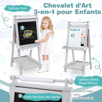 GOPLUS Tableau Enfant Double Face, Chevalet Enfant Avec Tableau Blanc Noir Effacable Tableau Magnetique Avec Rouleau De Papier 2 Boites De Rangement Tableau A Craie Pour 3 Ans Blanc