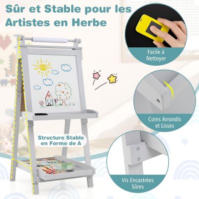 Jouet Créatif Enfant Chevalet Enfant 3 En 1 GOPLUS - Tableau Blanc/Noir Magnétique - Hauteur Réglable - Avec Papier Jeu éducatif Dessin