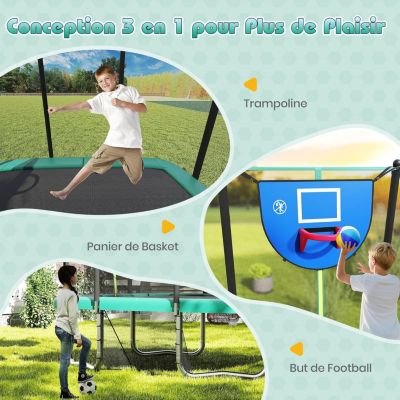 3 en 1 Trampoline Exterieur Enfant, Panier de Basket, But de Football, Échelle, Filet Sécurité et