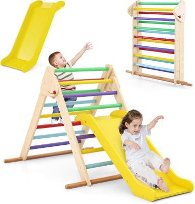Ensemble D'escalade Montessori 7 En 1 DREAMADE - Triangle, Rampe, Tour D' apprentissage, Table - Bois, Pliable, 3-14 Ans Triangle Pikler Pliable