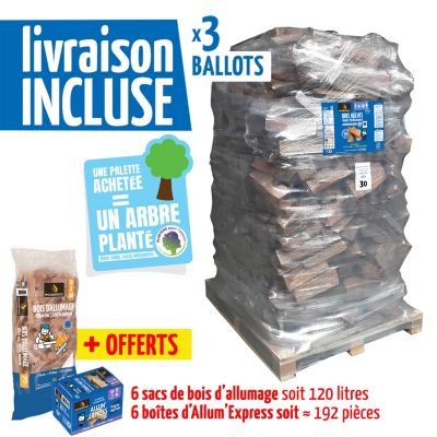 3 packs bois chauffage Woodstock – bûches 30cm + allume-feux – prêt à l’emploi <20% humidité – 3 palettes – idéal poêle/cheminée – Bois NF