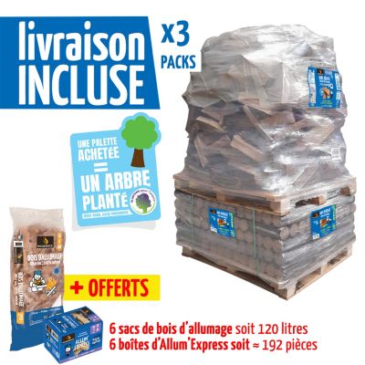 3 Packs bois de chauffage Woodstock – 3 palettes – bûches 30 cm + densifiées + allumage – prêt à l’emploi <20 % – idéal poêle et cheminée – bois NF