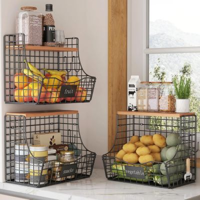 3 Panier Corbeille à Fruits Murale Cuisine avec Couvercle Bois