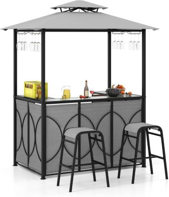 3 Pcs Abri Barbecue avec Bar Extérieur Table de Bar en Verre Trempé 2 Tabourets Porte Verres Abri de Grill Double Toit