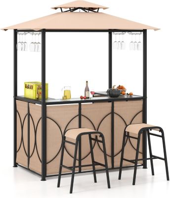 3 Pcs Abri Barbecue avec Bar Extérieur Table de Bar en Verre Trempé 2 Tabourets Porte Verres Abri de Grill Double Toit